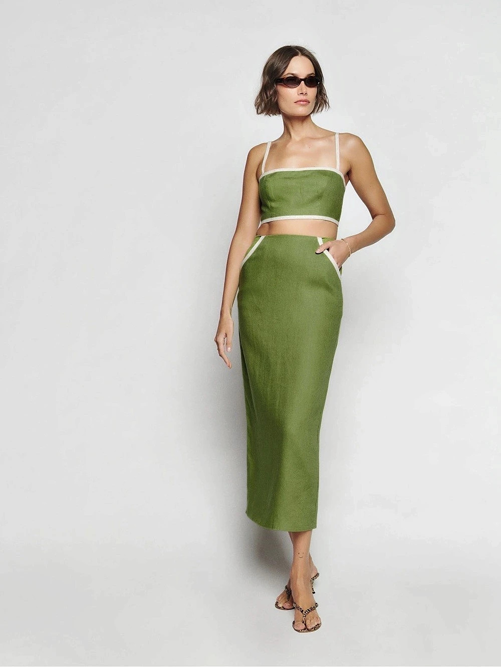Reformation Elena Two Piece Linen Set Green & White Midi Skirt NWOT